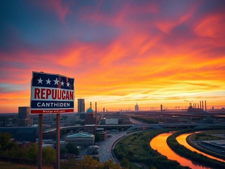 Flick International Panoramic view of a Midwestern cityscape at dusk with a Republican campaign sign