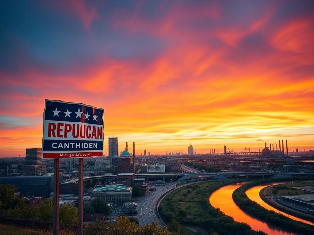 Flick International Panoramic view of a Midwestern cityscape at dusk with a Republican campaign sign
