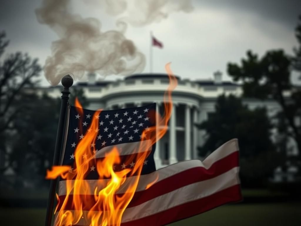 Flick International Veteran burning the American flag outside the White House under an overcast sky