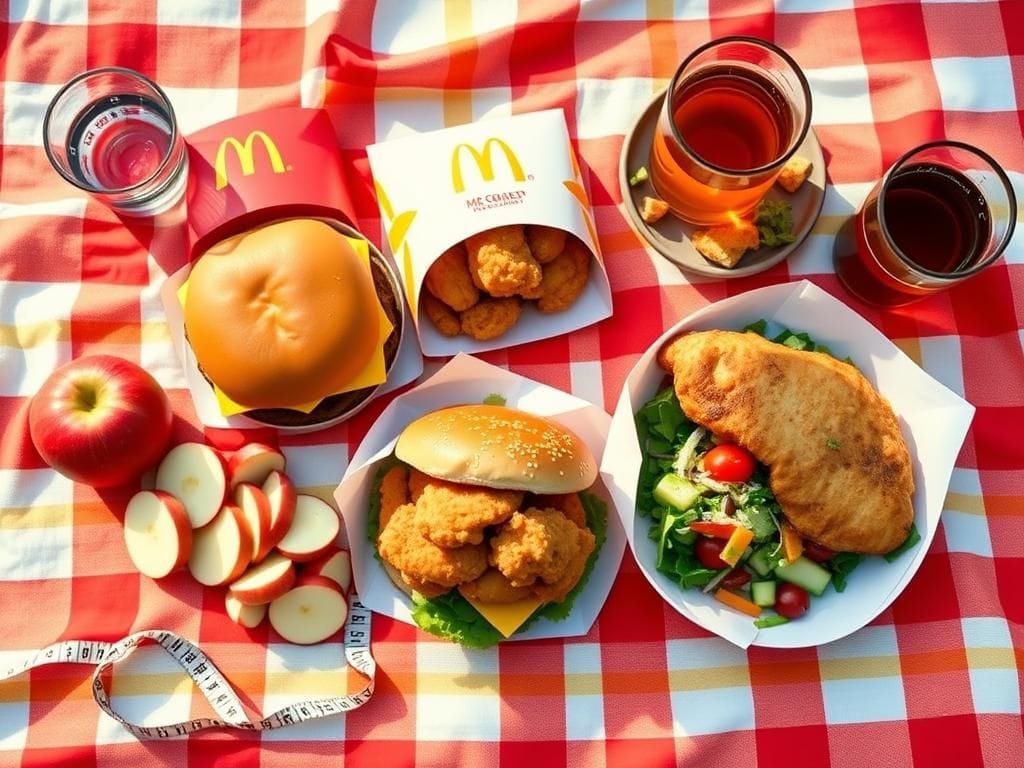 Flick International A vibrant flat lay of McDonald's cheeseburger, Chicken McNuggets, and Filet-O-Fish surrounded by healthy sides on a picnic blanket