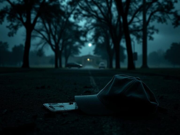 Flick International Abandoned baseball cap and shattered phone screen at a deserted location in Johnsonville, South Carolina