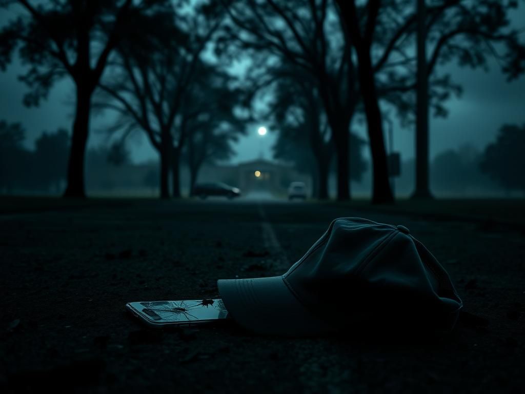 Flick International Abandoned baseball cap and shattered phone screen at a deserted location in Johnsonville, South Carolina