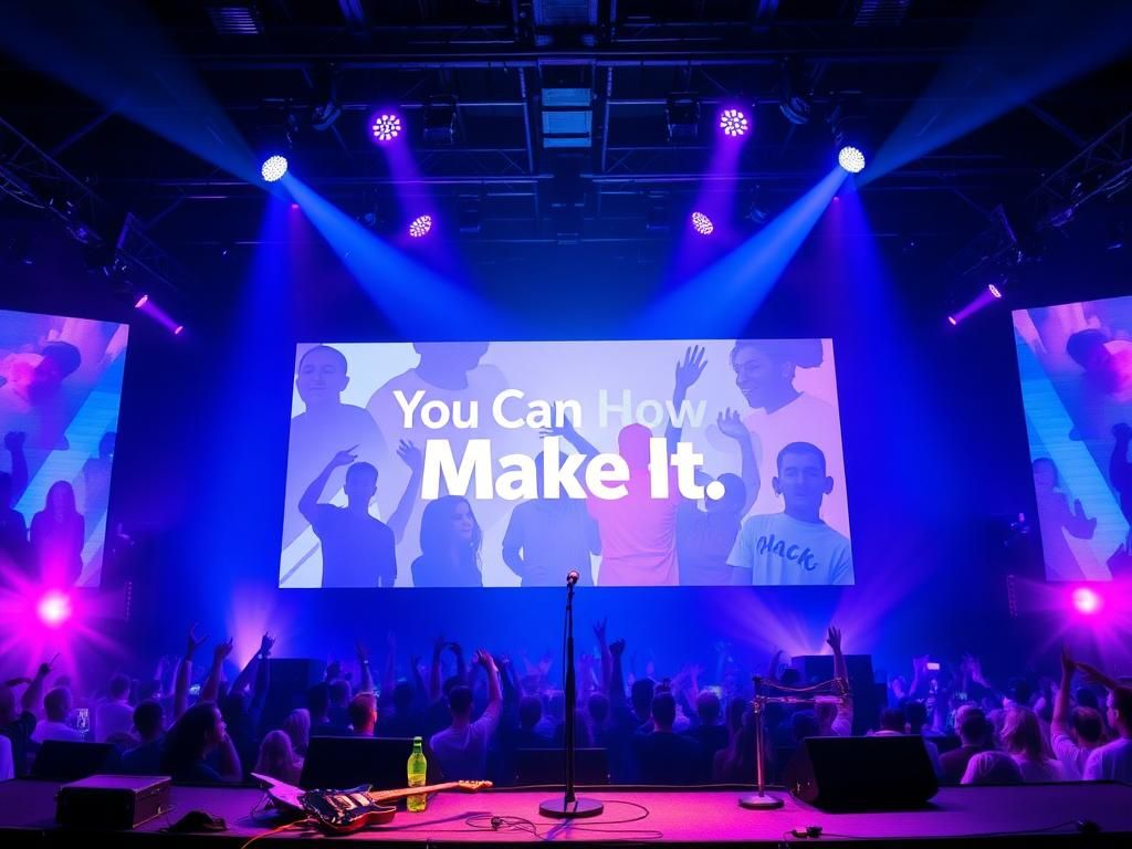 Flick International Colorful concert stage with distorted crowd images suggesting AI manipulation.