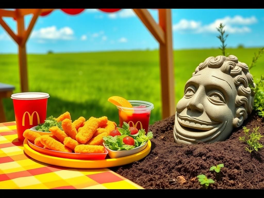 Flick International A colorful McDonald's meal layout with balanced portions and an ancient carved stone head in the background