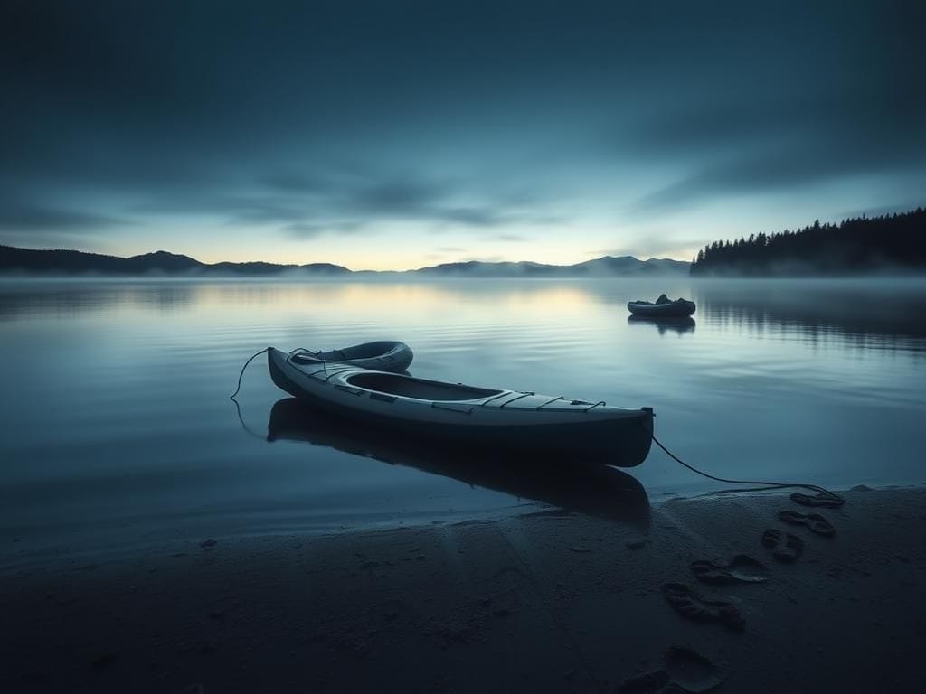 Flick International Overturned kayak floating near a tranquil lake at dawn with mist