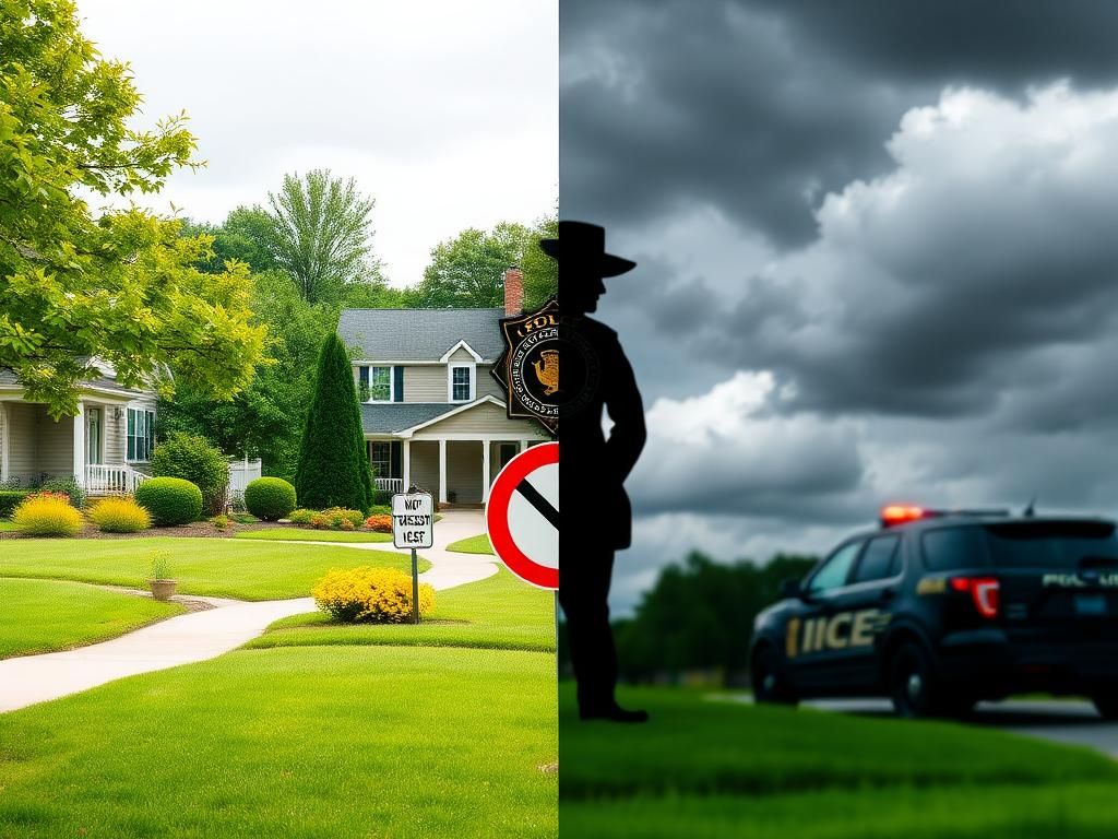 Flick International A split scene depicting safety and tension in a Virginia suburban landscape with contrasting elements.