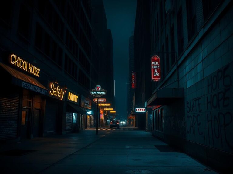 Flick International Nighttime cityscape of Chicago with closed restaurants and flickering neon signs