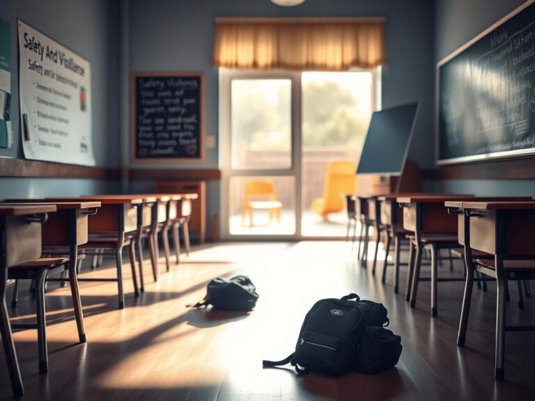 Flick International A somber empty classroom symbolizing the need for safety in schools