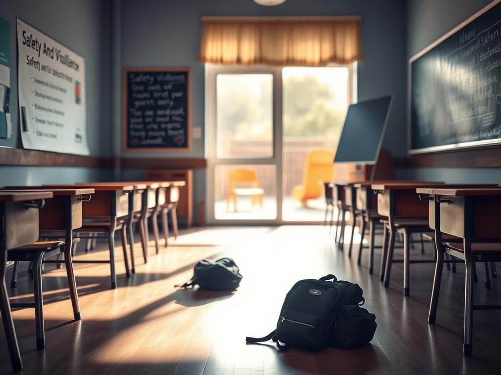 Flick International A somber empty classroom symbolizing the need for safety in schools