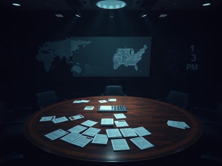 Flick International A dark, moody room showcasing a detailed round table covered in classified documents, symbolizing key decision-making moments.