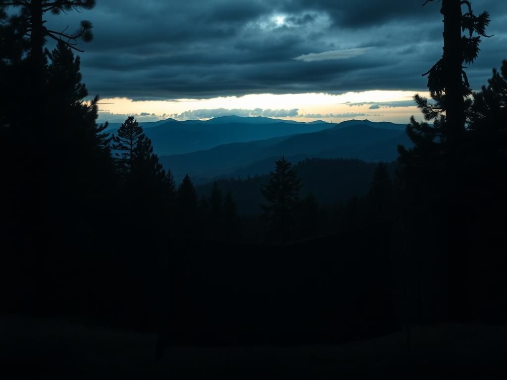 Flick International Somber scene in Angeles National Forest at twilight with dense trees and dark shadows