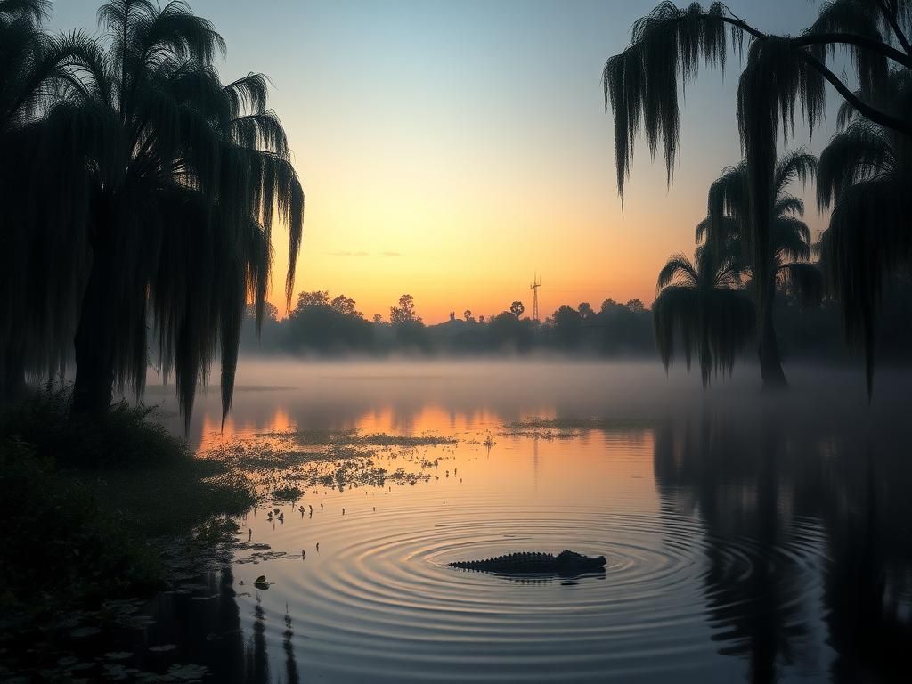 Flick International Tranquil lagoon at dawn in New Orleans, evoking a somber atmosphere after a tragic event.