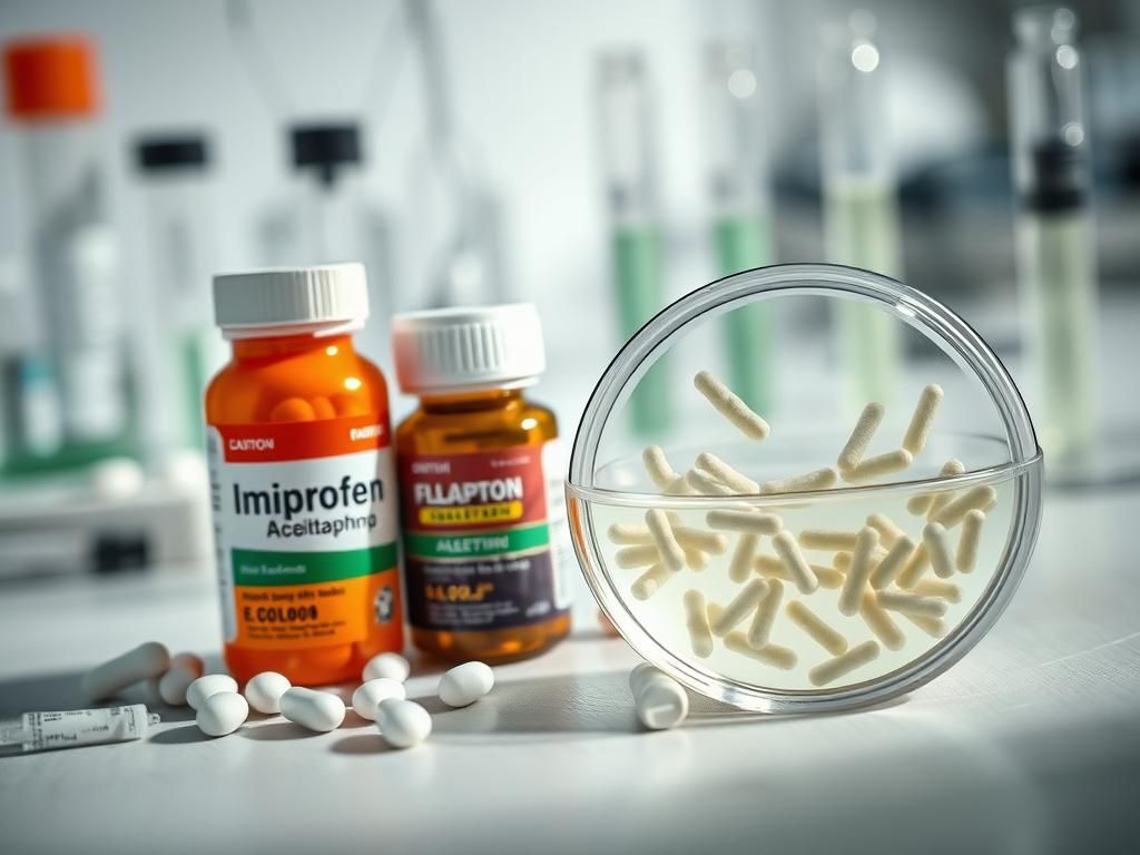 Flick International A macro shot of ibuprofen and acetaminophen on a laboratory table next to E. coli bacteria in a petri dish.