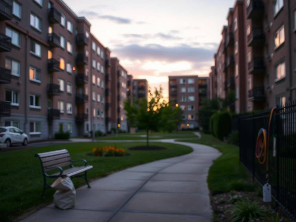 Flick International Serene view of a residential apartment complex during dawn, showcasing the peaceful yet tense atmosphere of everyday life.