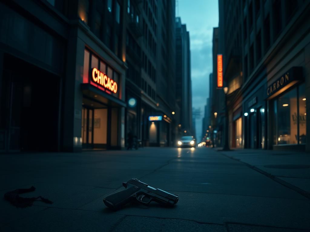 Flick International Dimly lit street in Chicago's River North neighborhood, showcasing an empty upscale area with shadows and neon bar signage.