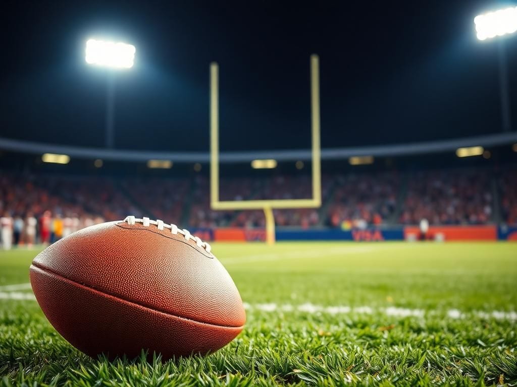 Flick International Close-up of a textured football on a vibrant college football field under stadium lights