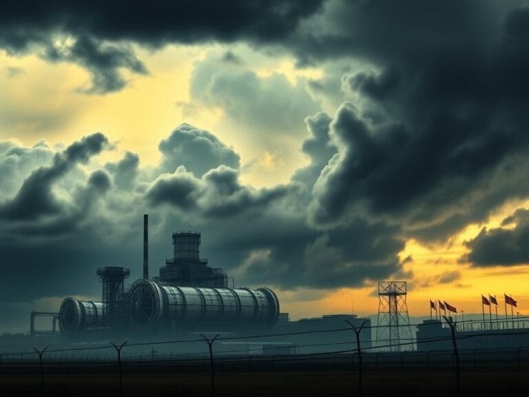 Flick International A dramatic nuclear facility under a stormy sky symbolizing Iran's nuclear defiance