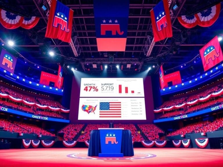 Flick International A vibrant empty convention hall decorated in red, white, and blue with Republican symbols