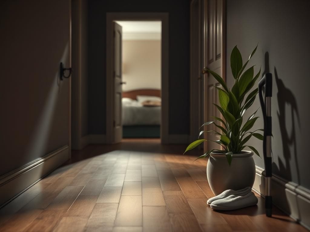 Flick International Dimly lit hallway in a family home with a decorative cane and slippers symbolizing mobility challenges