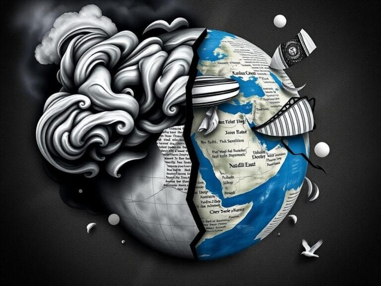 Flick International A shattered globe symbolizing tension and conflict in the Middle East, with storm clouds and elements of hope.