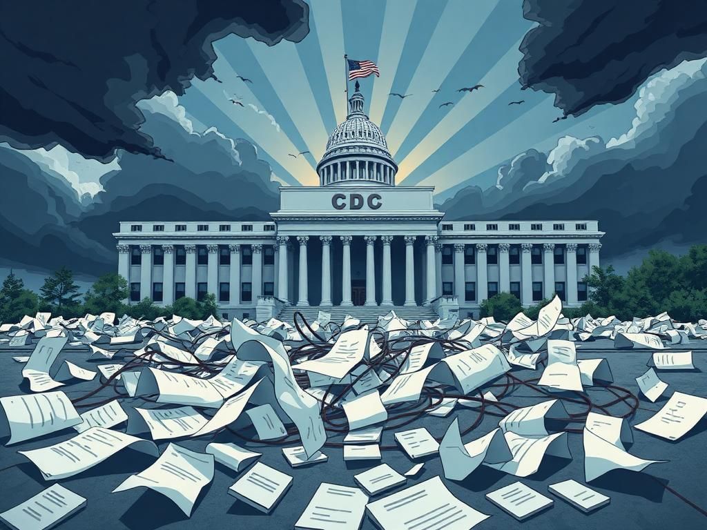 Flick International Dramatic exterior of the CDC building under a stormy sky, symbolizing turmoil and conflict