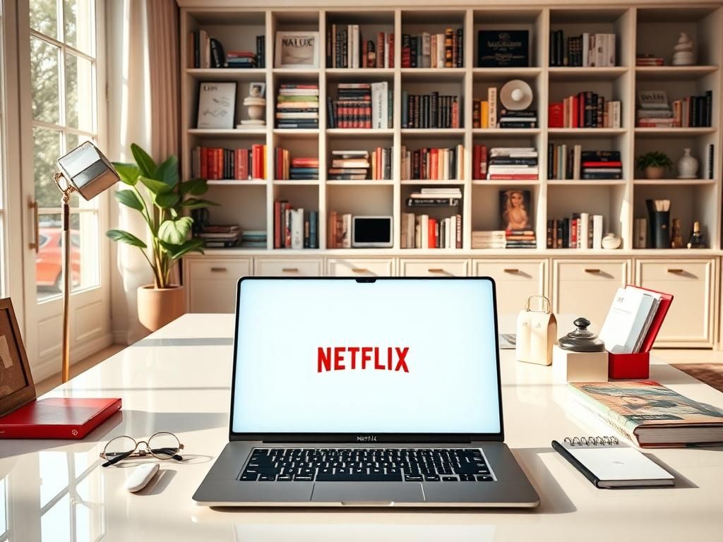 Flick International Elegant modern home office space with a sleek desk and open laptop displaying the Netflix logo