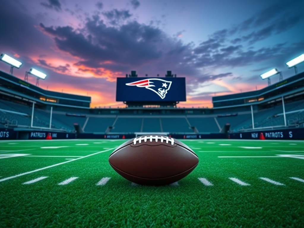 Flick International Dynamic scene of an empty NFL stadium with the New England Patriots logo and a football on the field