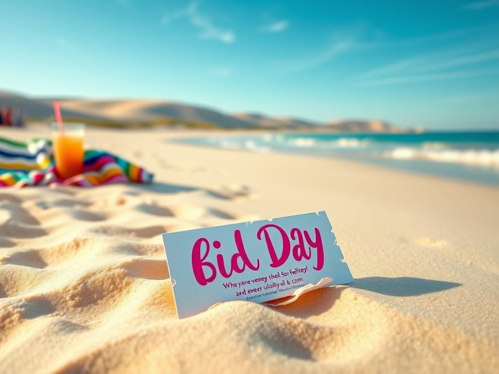 Flick International A serene beach scene at Orange Beach, Alabama, with a torn mock Bid Day card on the sand