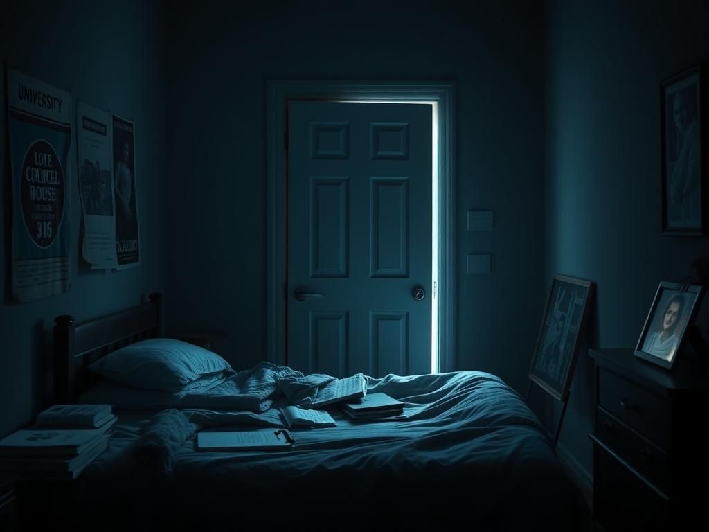 Flick International Dimly lit college house interior with a partially open closed bedroom door