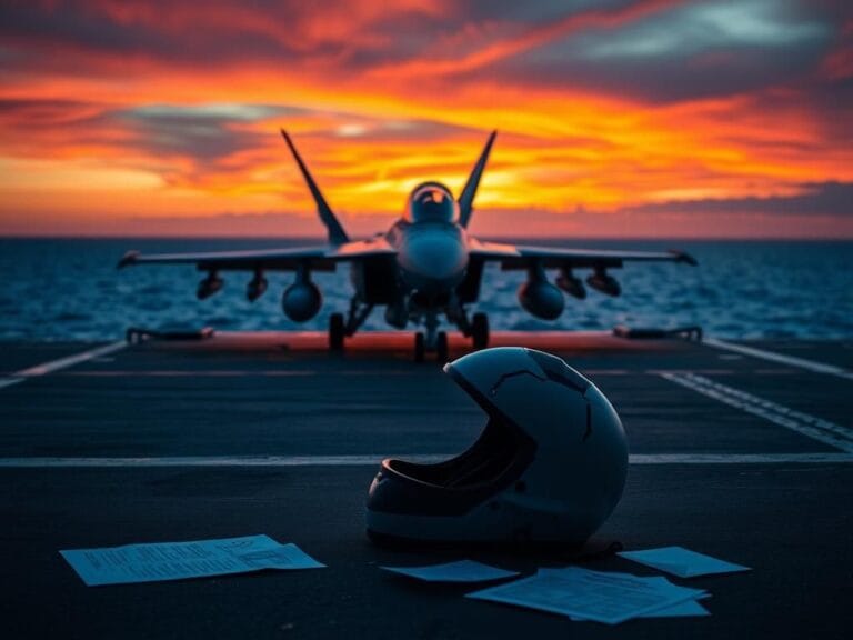Flick International Dramatic naval flight deck at sunset with a lone F/A-18 Super Hornet and a cracked helmet symbolizing brain injuries among pilots.