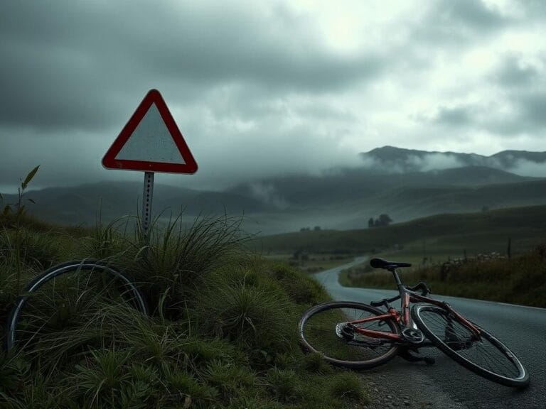 Flick International Scenic misty landscape with broken road sign symbolizing a serious cycling crash