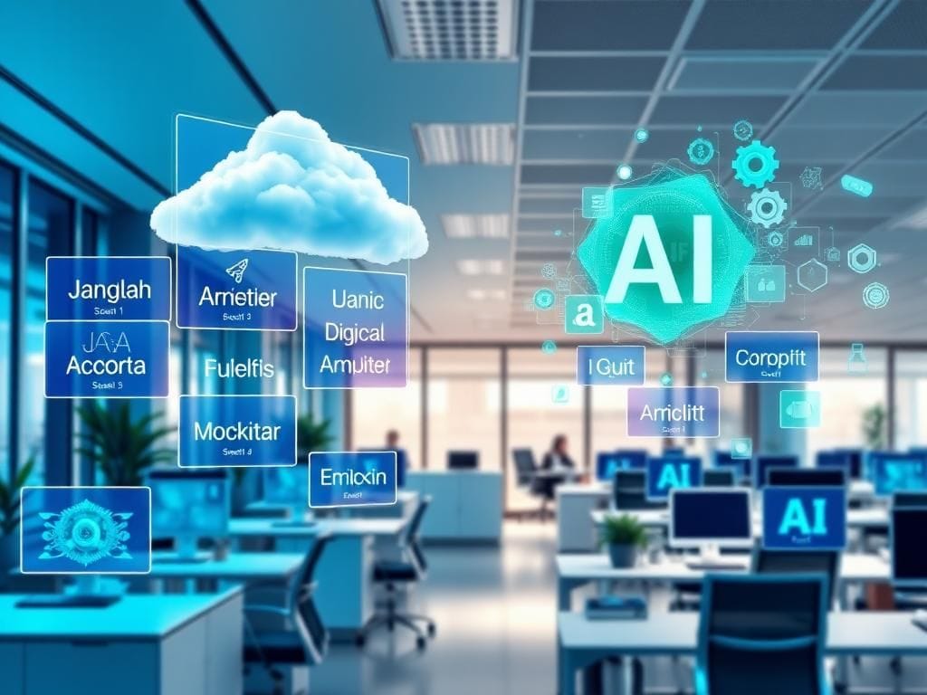 Flick International A conceptual image of a modern office environment with floating holographic screens showing job titles and AI graphics