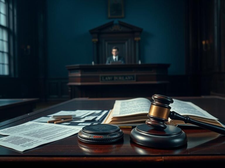 Flick International A dramatic courtroom scene with a gavel and legal documents symbolizing justice in a high-profile murder trial