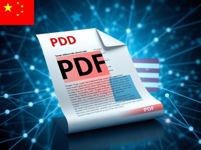 Flick International Abstract representation of cybersecurity featuring a stylized PDF document with digital code and fragmented text against a backdrop of interconnected lines symbolizing data transfer.