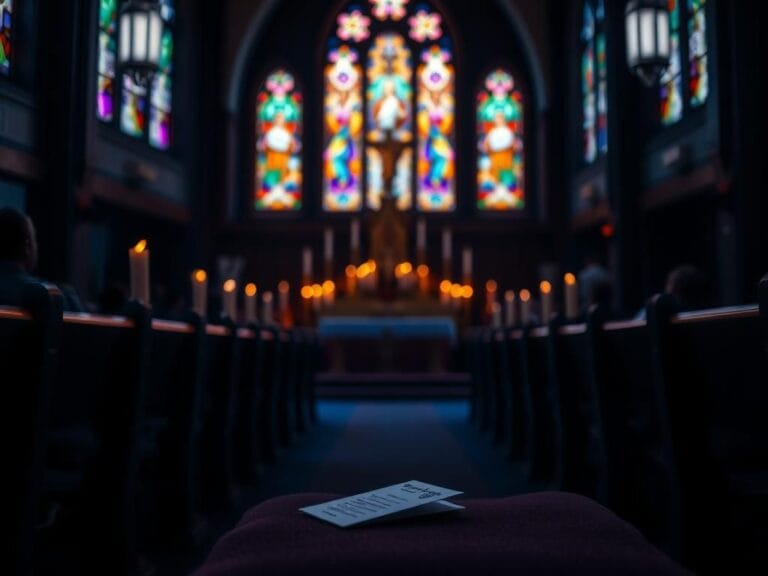 Flick International Dimly lit interior of a Catholic church with an empty pew and prayer card