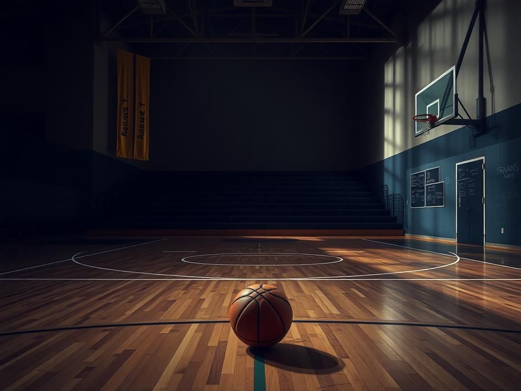 Flick International A dimly lit gymnasium with an empty basketball court and a single basketball on the hardwood floor