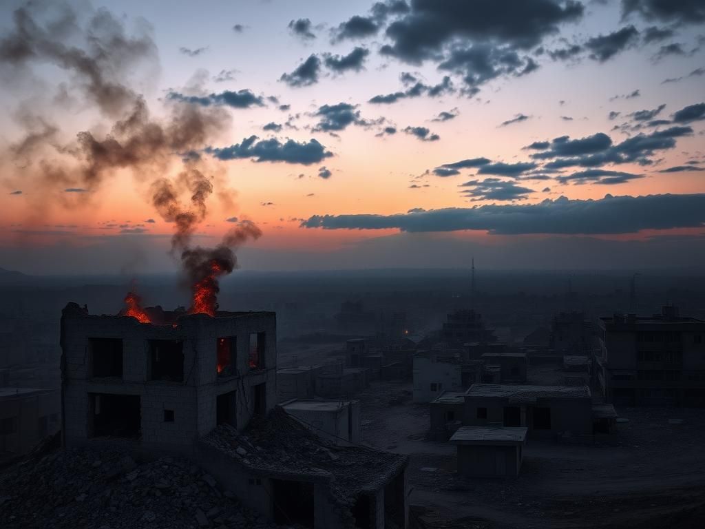 Flick International Aerial view of a war-torn landscape in Sanaa, Yemen, showing damaged buildings and smoke rise