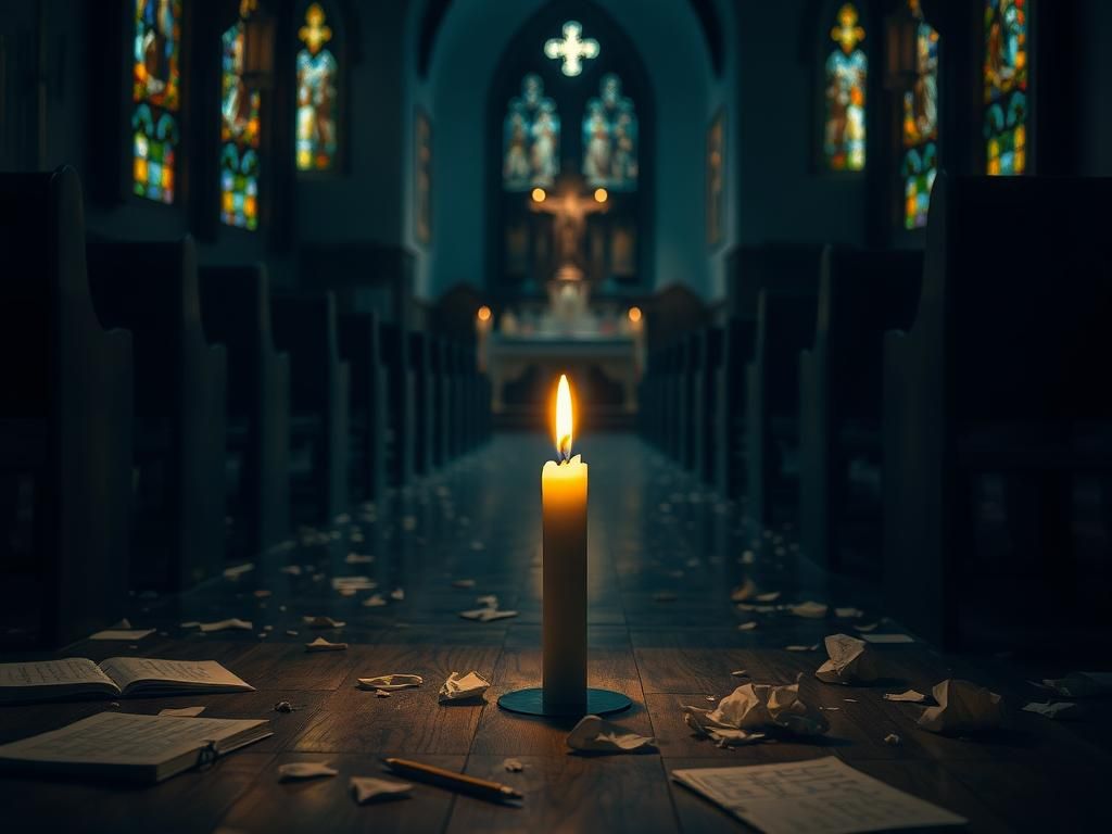 Flick International A dimly lit interior of a Catholic church with empty pews and flickering candlelight