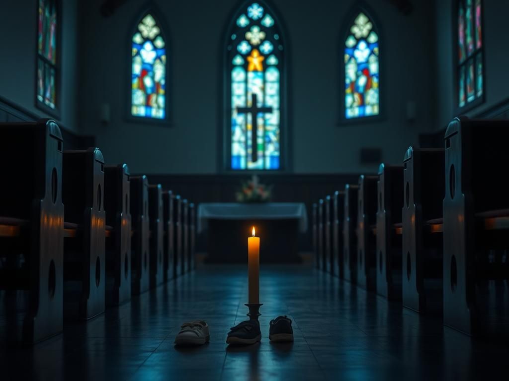 Flick International Somber interior of a Catholic school chapel with empty pews and a flickering candle