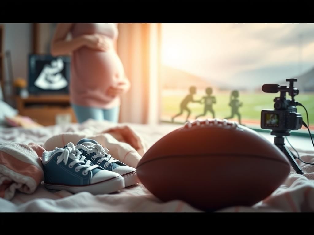 Flick International Travis Hunter holding tiny baby sneakers with a soft blanket, symbolizing new fatherhood