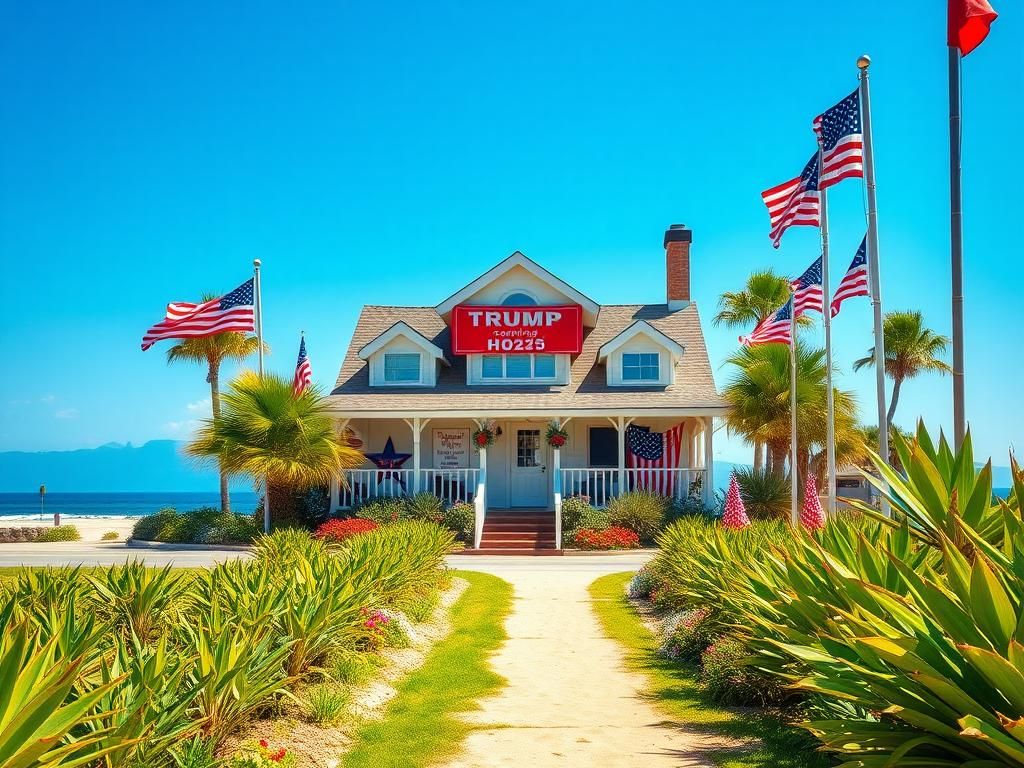 Flick International A vibrant beach scene featuring a whimsically decorated house with colorful pro-Trump banners along Florida's 30A