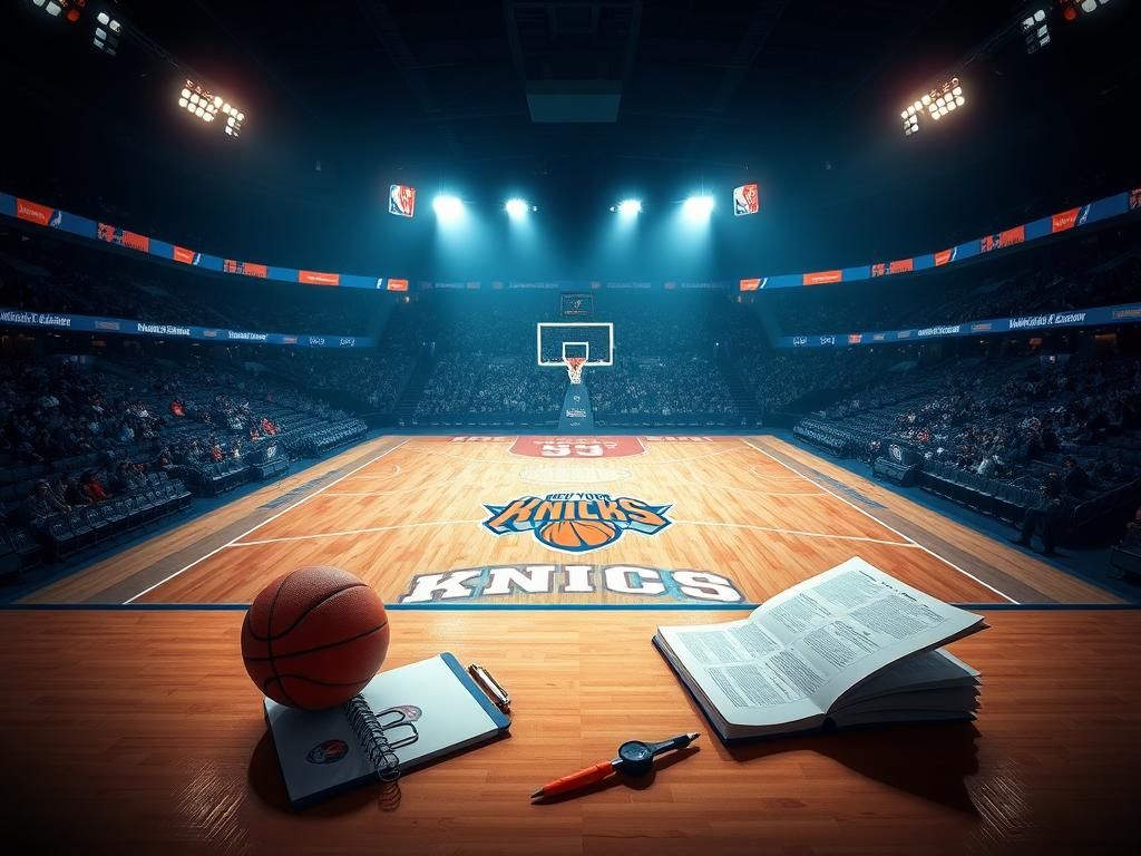 Flick International Empty basketball court at Madison Square Garden with Knicks logo