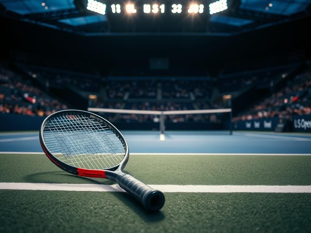 Flick International Close-up view of a fractured tennis racket on a U.S. Open court symbolizing defeat.