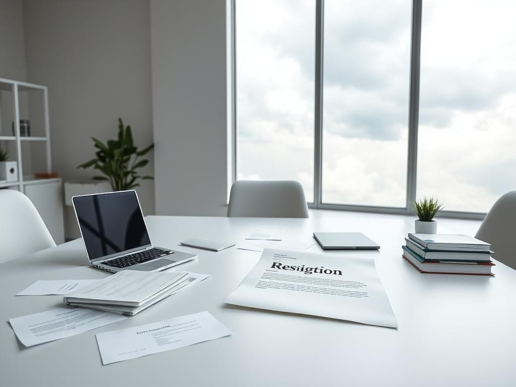 Flick International A serene office setup featuring a resignation letter with the phrase 'pregnant people' prominently displayed.
