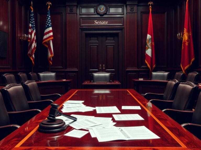 Flick International A turbulent Senate chamber with dark wood furnishings and US and Nevada flags