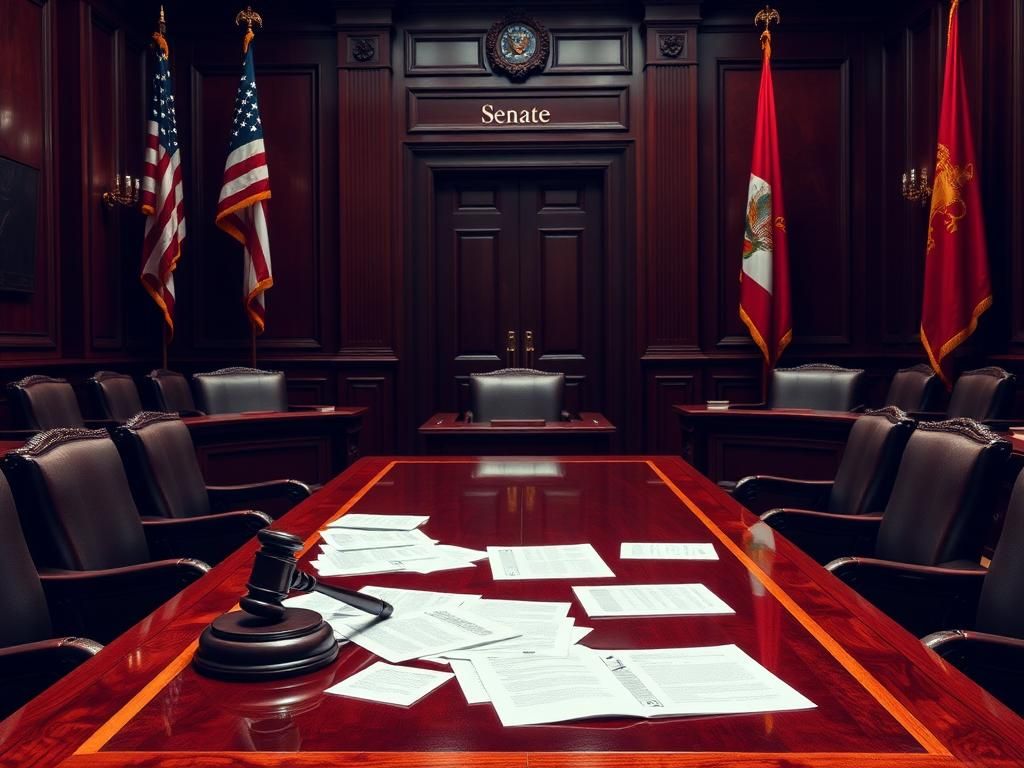 Flick International A turbulent Senate chamber with dark wood furnishings and US and Nevada flags