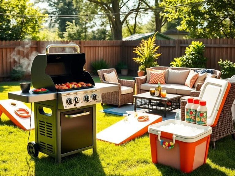 Flick International A vibrant backyard cookout scene featuring a stylish outdoor grill with delicious burgers and vegetable skewers.