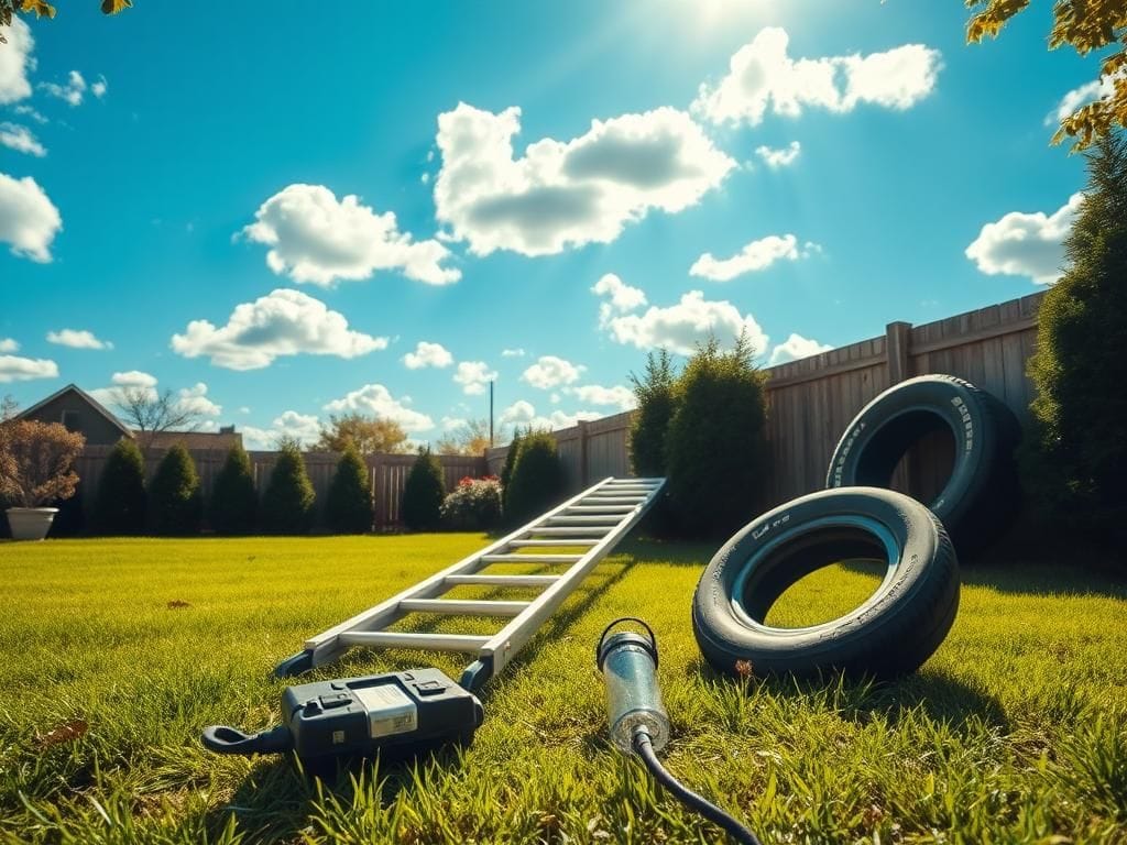 Flick International Serene backyard scene with a fallen ladder symbolizing Frankie Muniz's accident