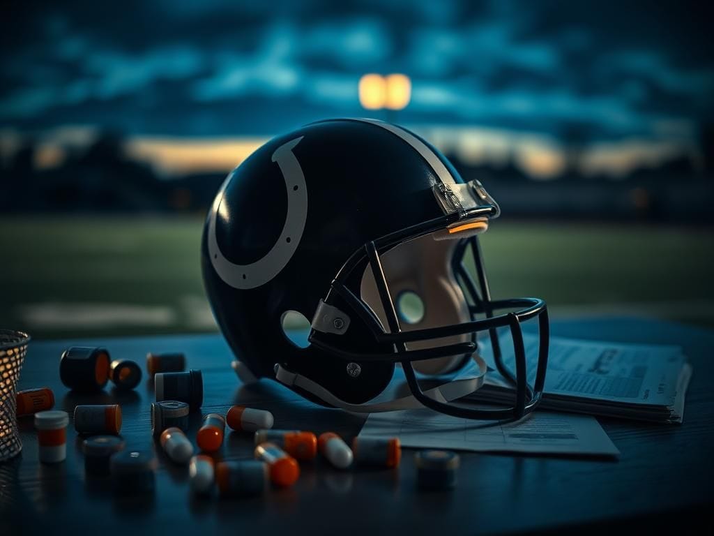 Flick International Vintage Indianapolis Colts helmet on a wooden table surrounded by prescription bottles, depicting themes of addiction and recovery.