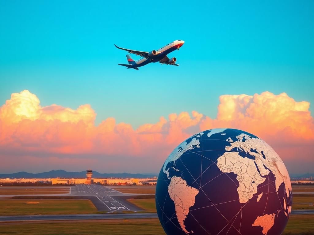 Flick International Dynamic airplane soaring through a clear blue sky with vibrant clouds